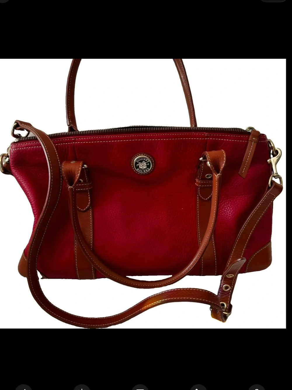 Dooney Bourke Vtg Large Domed Red Leather Satchel/Handbag w/Leather Trim & Strap